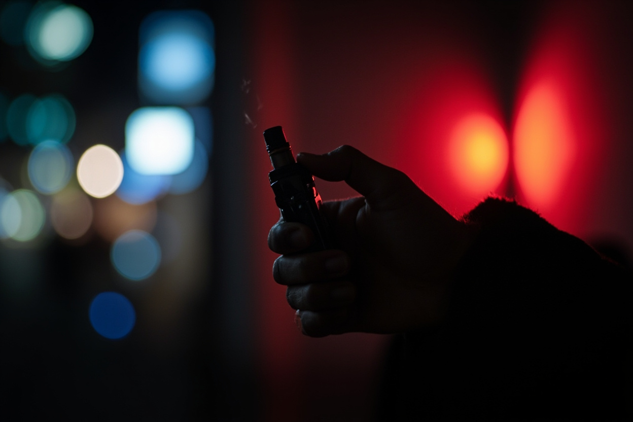 Hand holding a slim RELX vape device at night, Tokyo street lights bokeh in background